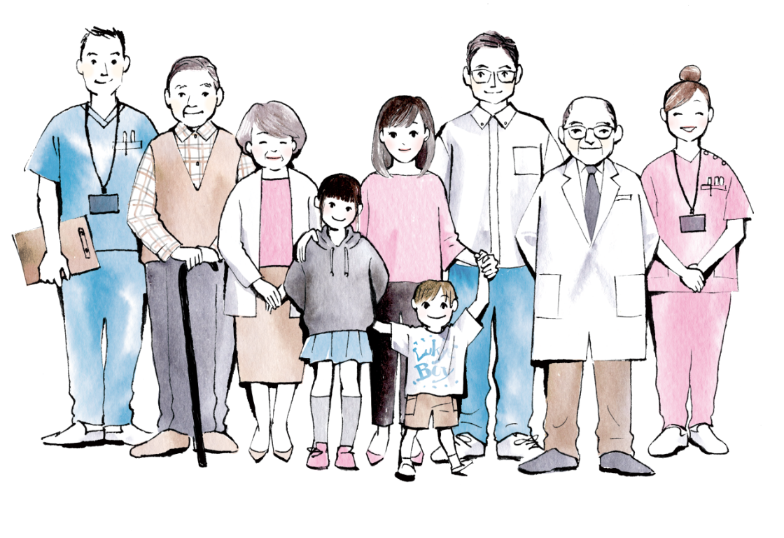 患者を支える医療従事者や家族などのイラスト